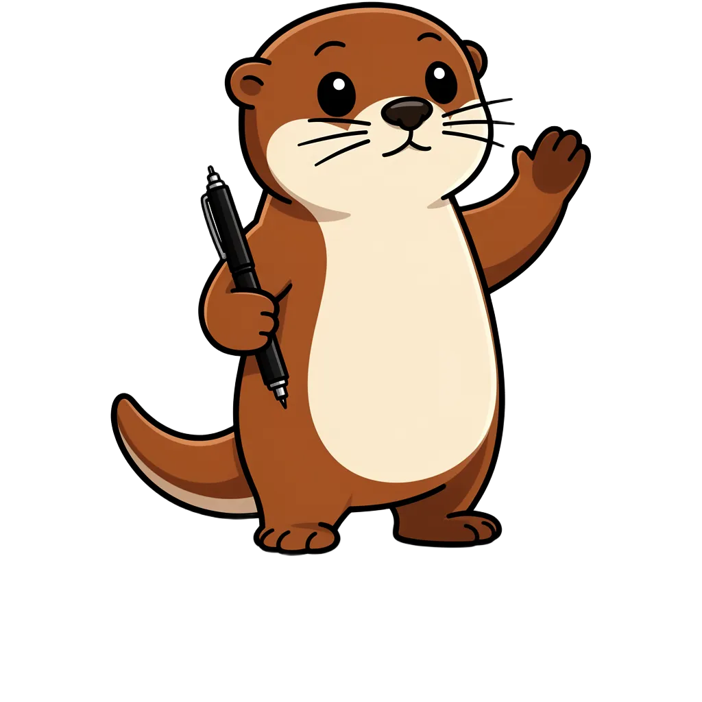 Das Maskottchen: ein Fischotter mit schwarzem Fineliner in der Pfote, der mit der anderen Pfote winkt